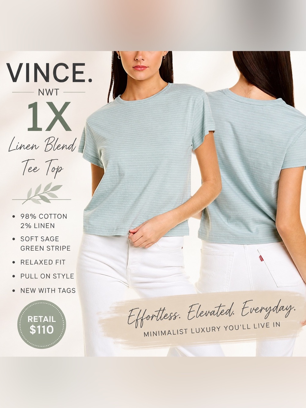 NWT Vince 1X Sage Green Stripe Linen‎ Blend Tee Top Minimalist Luxury Shirt Soft
